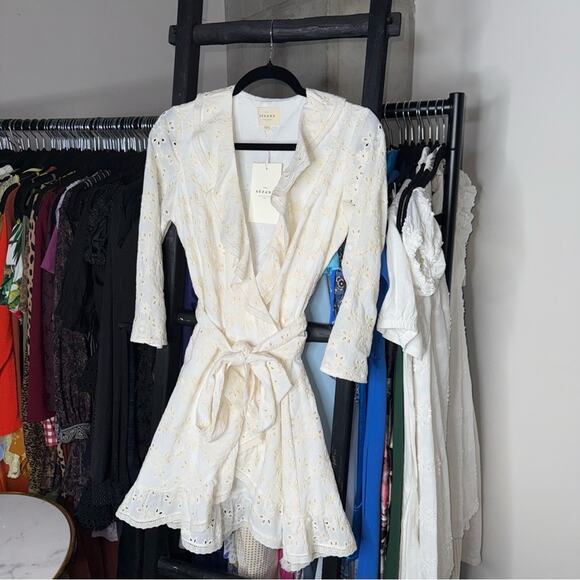 Sézane Asianne Ecru Eyelet Wrap Mini Dress - Picture 4 of 15